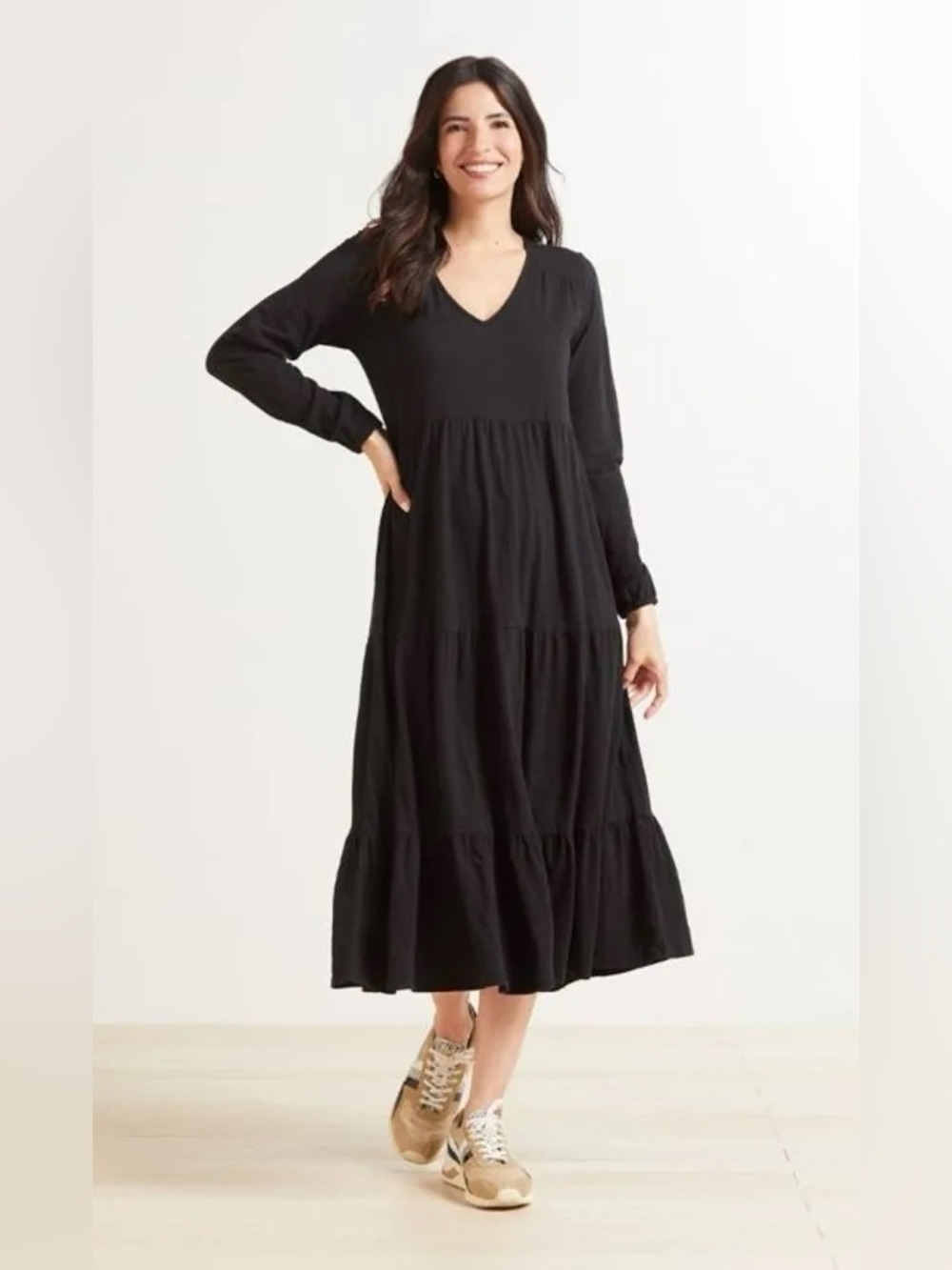 Z Supply Bailey Tiered Midi Dress Black Long Sleeve Cotton Size M